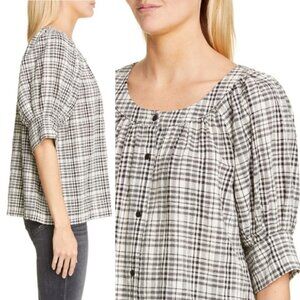 The Great. puff sleeve black white plaid cotton linen blend blouse size 3 / L